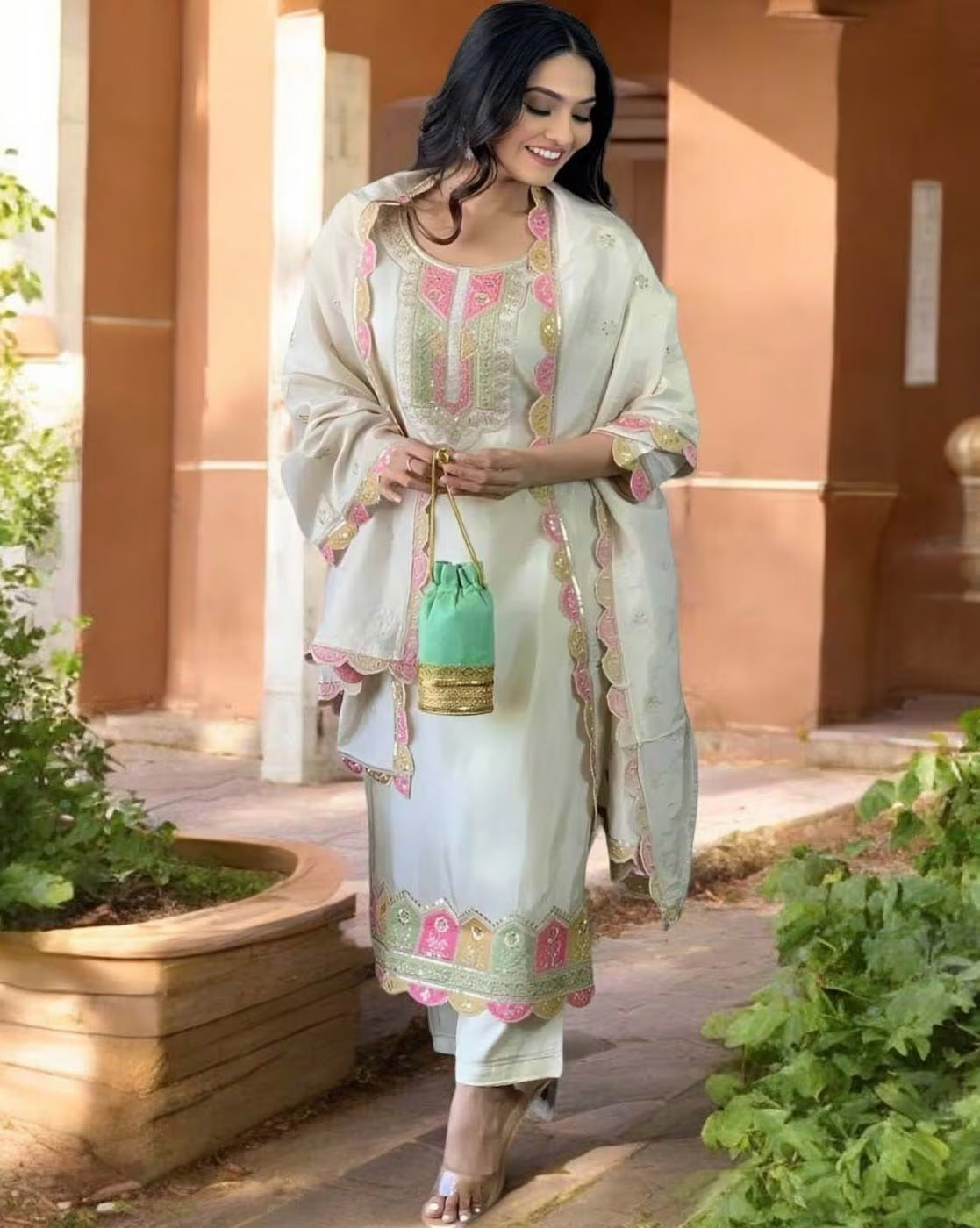 White Muslin Embroidered Suit Set – Elegant 3-Piece Outfit for Festive & Ethnic Wear