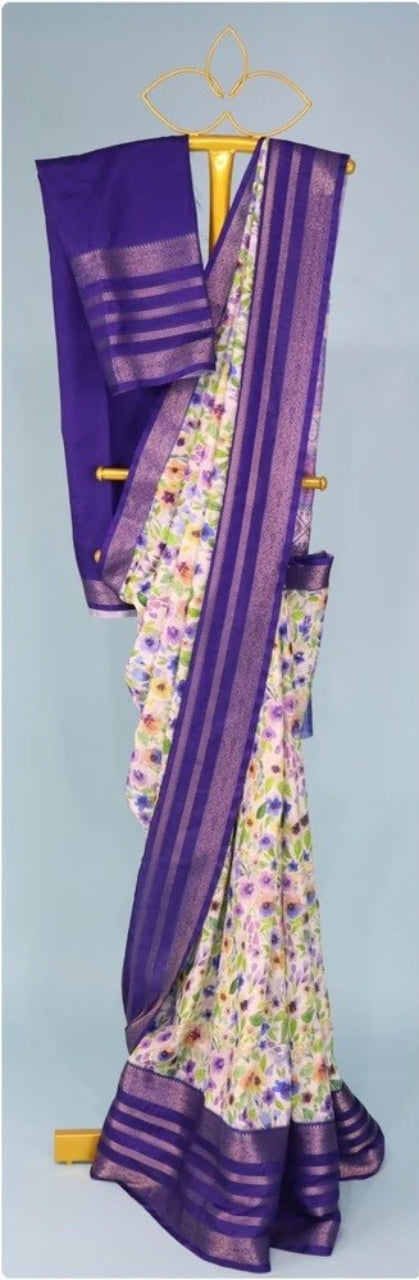 FlexFeb Elegant Purple Printed Floral Silk Saree with Rich Border & Blouse – Lightweight & Festive Wear