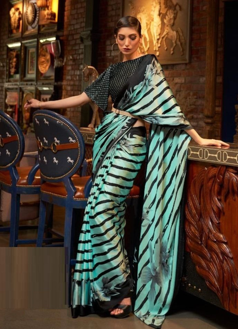 FlexFeb Stylish Printed Satin Saree with Matching Printed Blouse | Elegant Party Wear Saree for Women