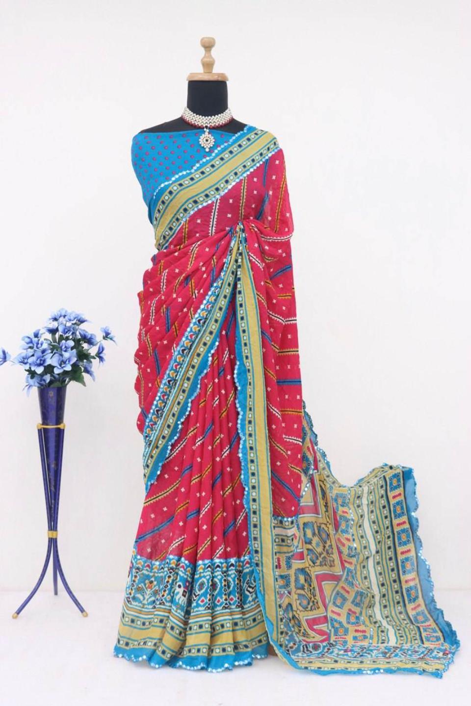 FlexFeb Traditional Rajasthani Pink Leriya Print Saree with Multicolor Ethnic Pallu Border