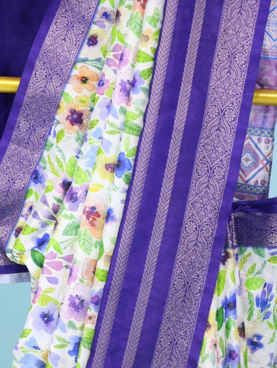 FlexFeb Elegant Purple Printed Floral Silk Saree with Rich Border & Blouse – Lightweight & Festive Wear
