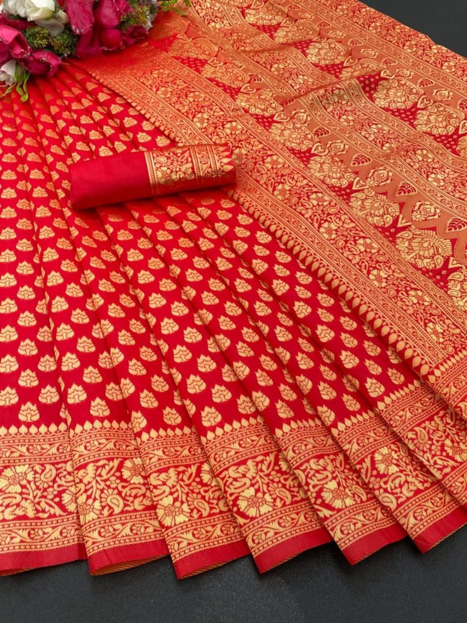 FlexFeb Soft Silk Saree with Elegant Zari Butti Design & Traditional Weaving Border