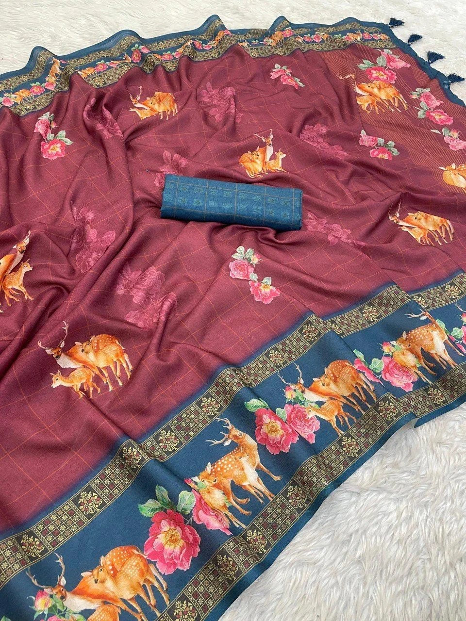 FlexFeb Soft Manipuri Silk Printed Saree with Deer & Floral Design – Lightweight Maroon Drape with Blue Border