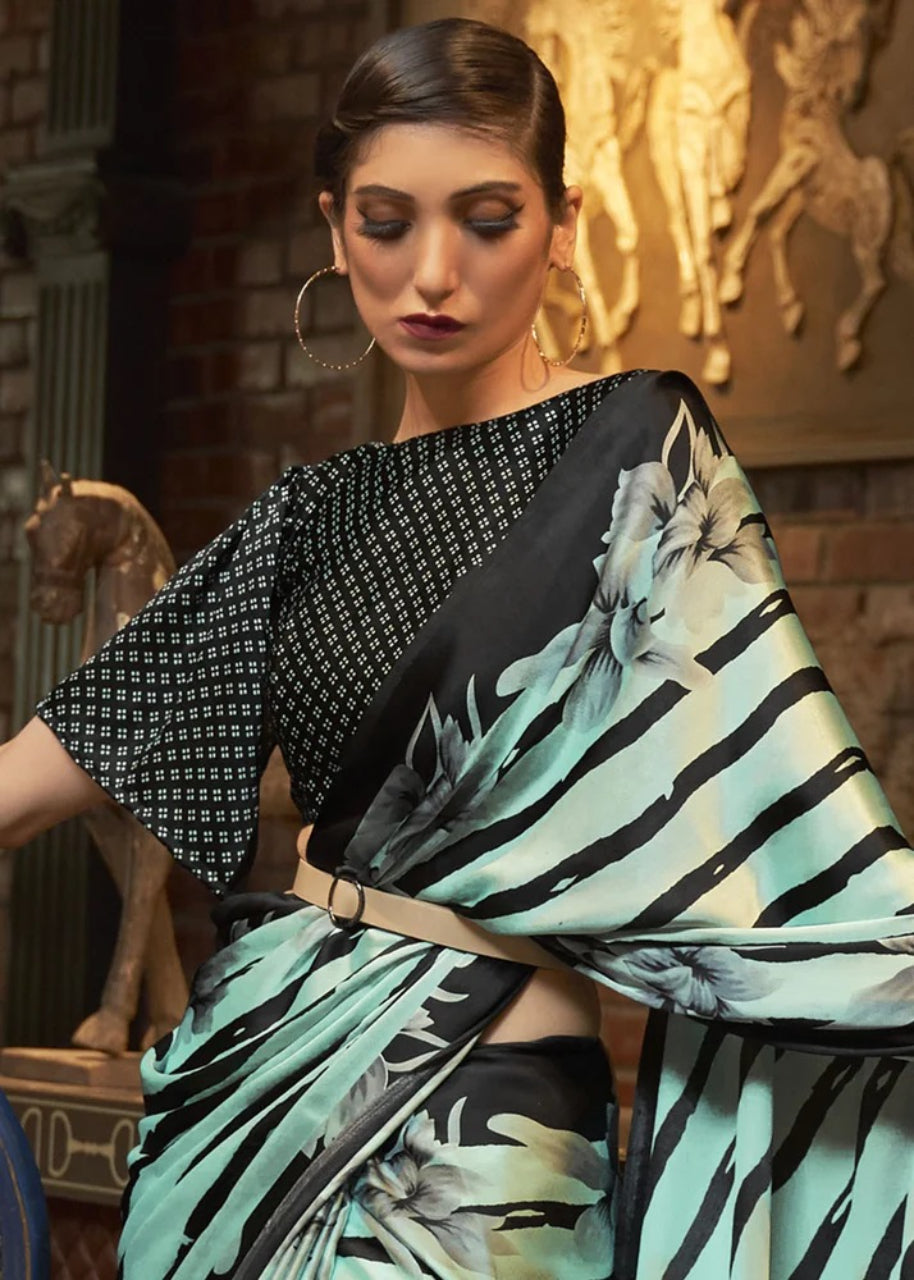 FlexFeb Stylish Printed Satin Saree with Matching Printed Blouse | Elegant Party Wear Saree for Women