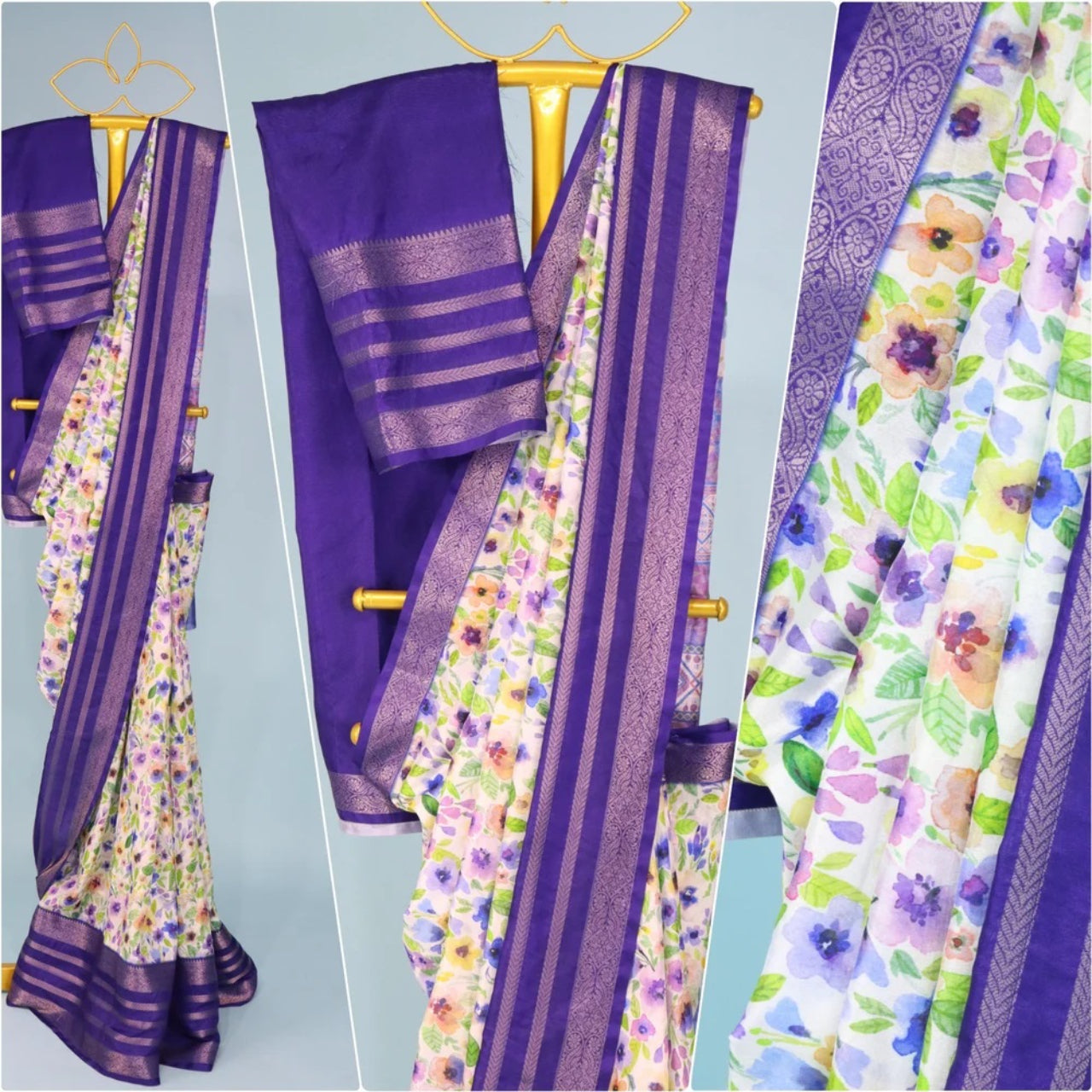 FlexFeb Elegant Purple Printed Floral Silk Saree with Rich Border & Blouse – Lightweight & Festive Wear