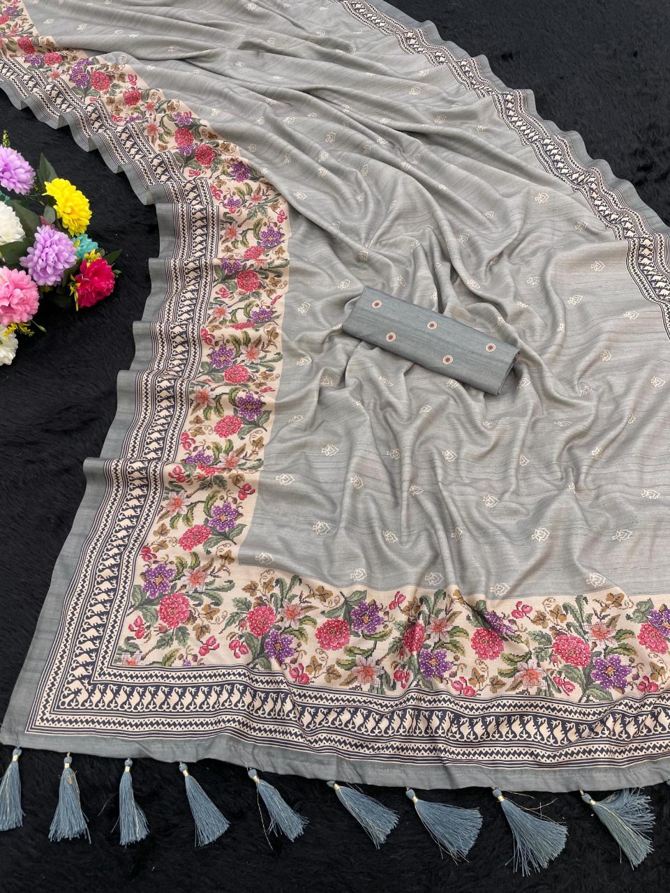 FlexFeb Soft Manipuri Silk Saree in Elegant Grey with Floral Printed Border & Tassel Pallu – Lightweight Traditional Drape