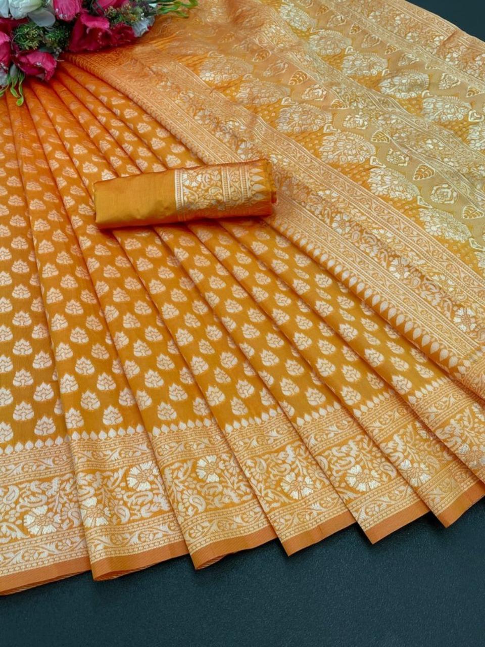FlexFeb Elegant Yellow Soft Silk Saree with Golden Butti & Rich Zari Weaving Border
