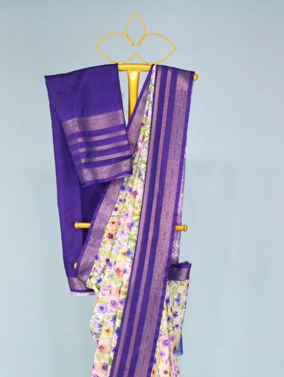 FlexFeb Elegant Purple Printed Floral Silk Saree with Rich Border & Blouse – Lightweight & Festive Wear