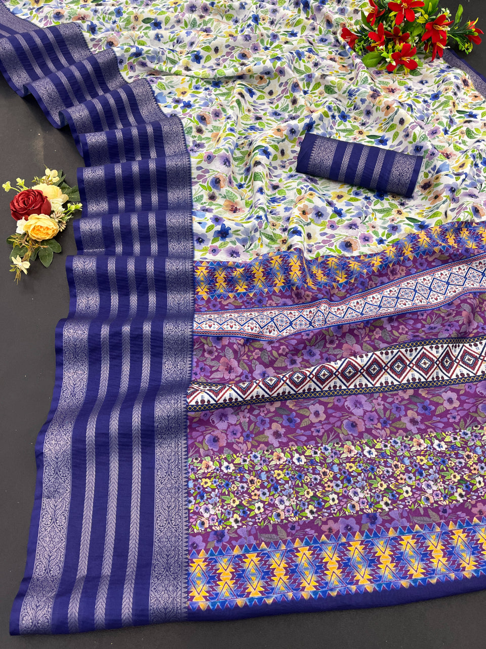 FlexFeb Elegant Purple Printed Floral Silk Saree with Rich Border & Blouse – Lightweight & Festive Wear