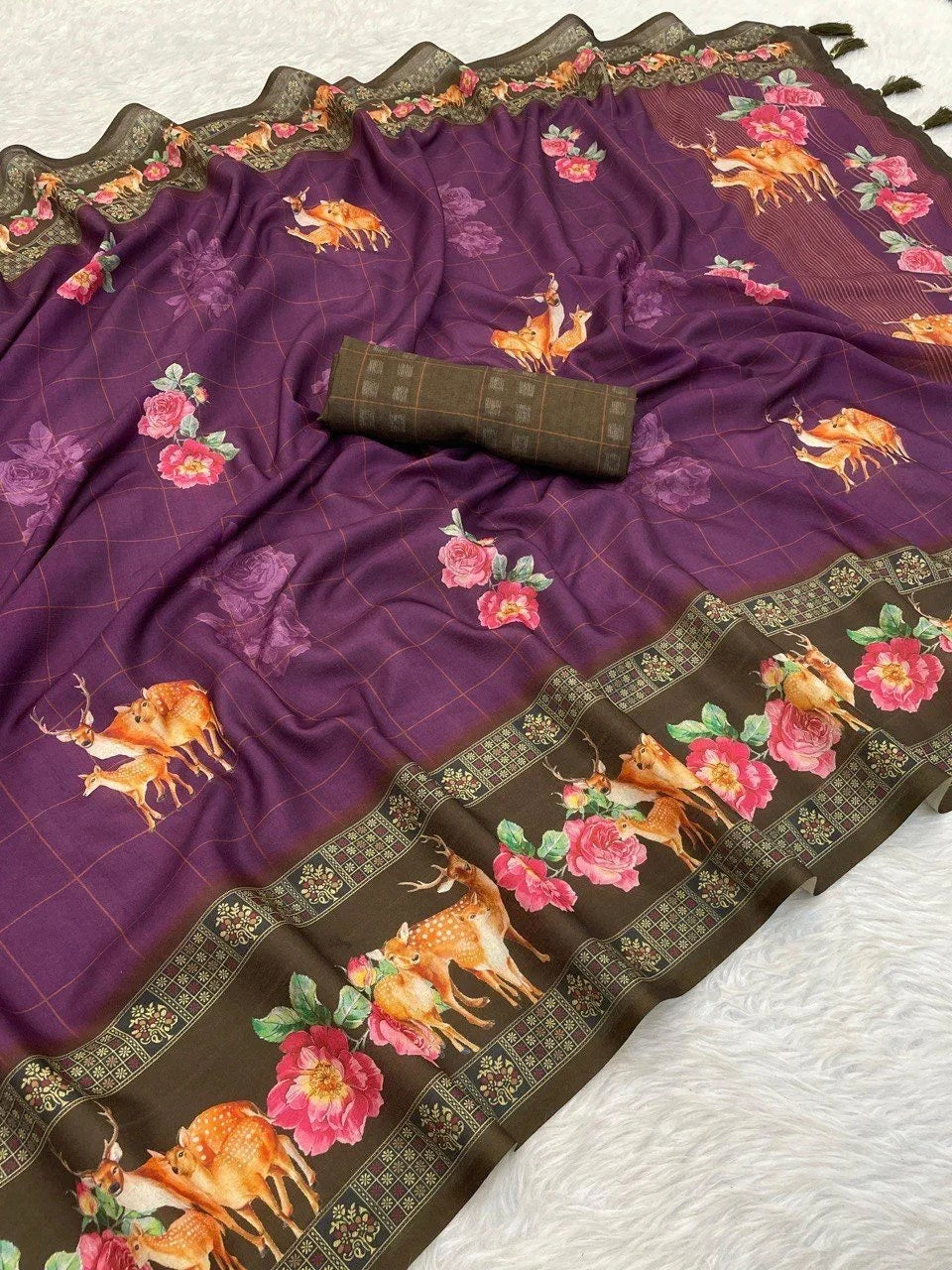 FlexFeb Soft Manipuri Silk Printed Saree – Purple with Deer & Floral Design | Lightweight & Elegant