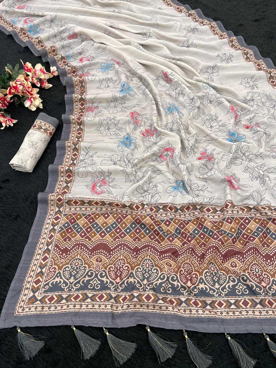 FlexFeb legant Soft Manipuri Silk Saree with Floral & Ethnic Print | Lightweight Festive Drape with Tassels