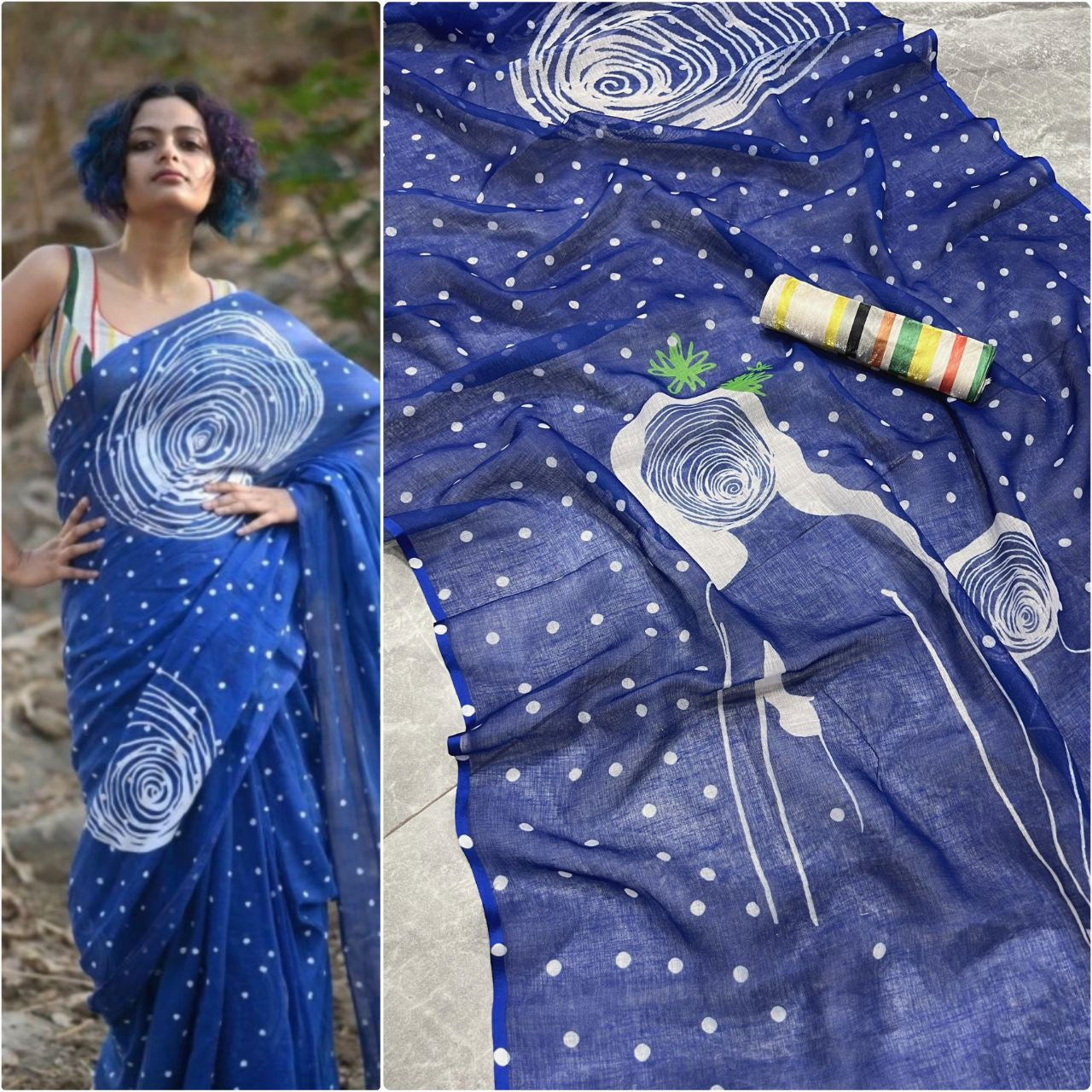FlexFeb Handcrafted Blue Linen Saree with Artistic Swirl Print & Blouse Piece – Lightweight & Elegant Drape