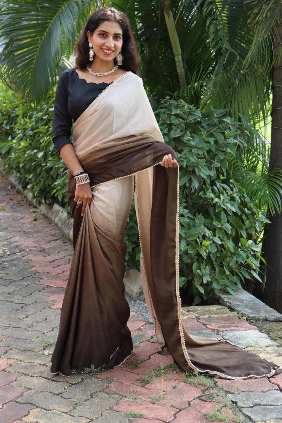 FlexFeb Elegant Ready to Wear Brown & Beige Ombre Saree with Pearl Lace Border – Pre-Draped Satin Silk Saree