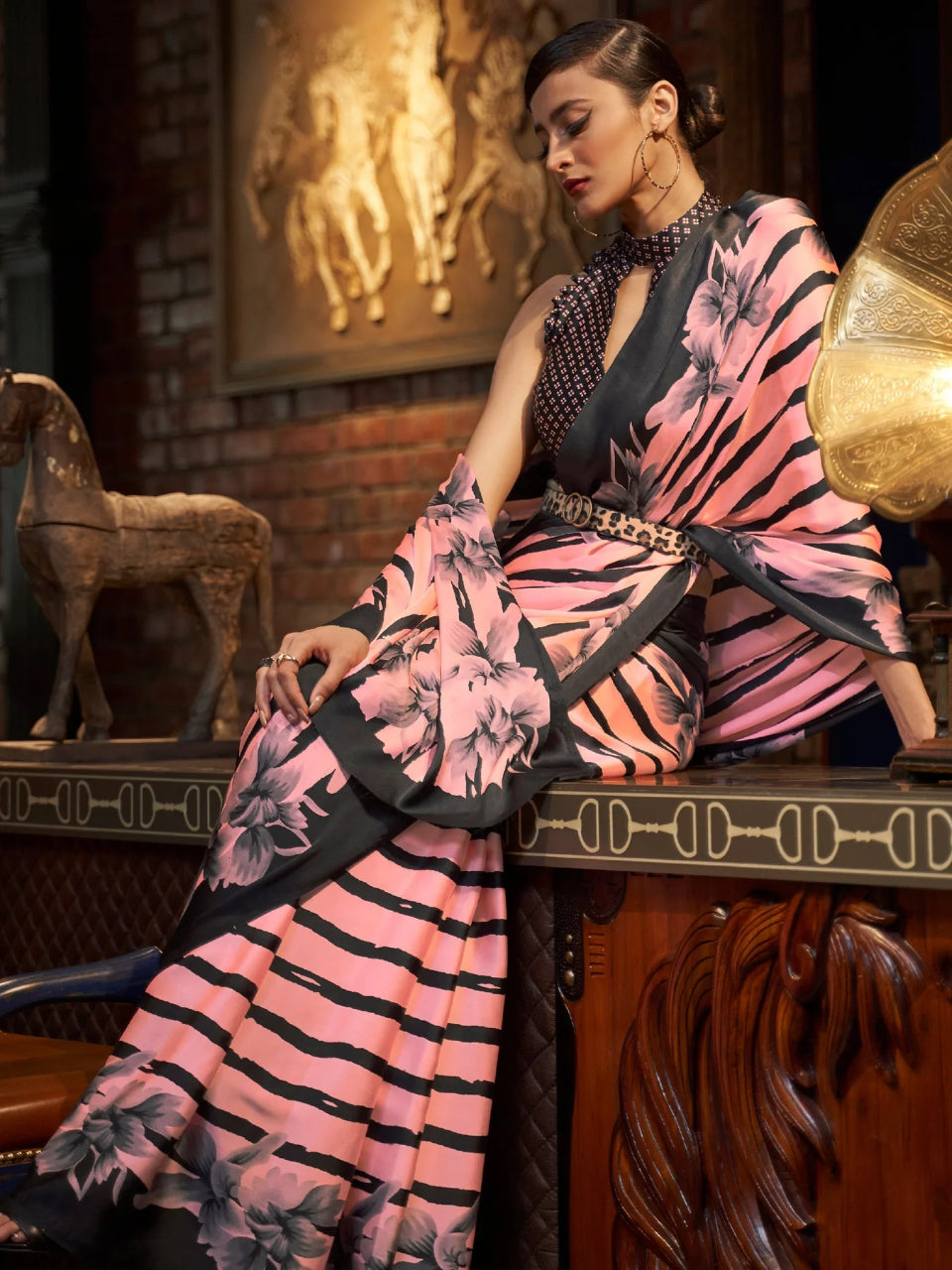 FlexFeb Designer Pure Satin Saree in Pink & Black with Floral Striped Print – Elegant Party Wear