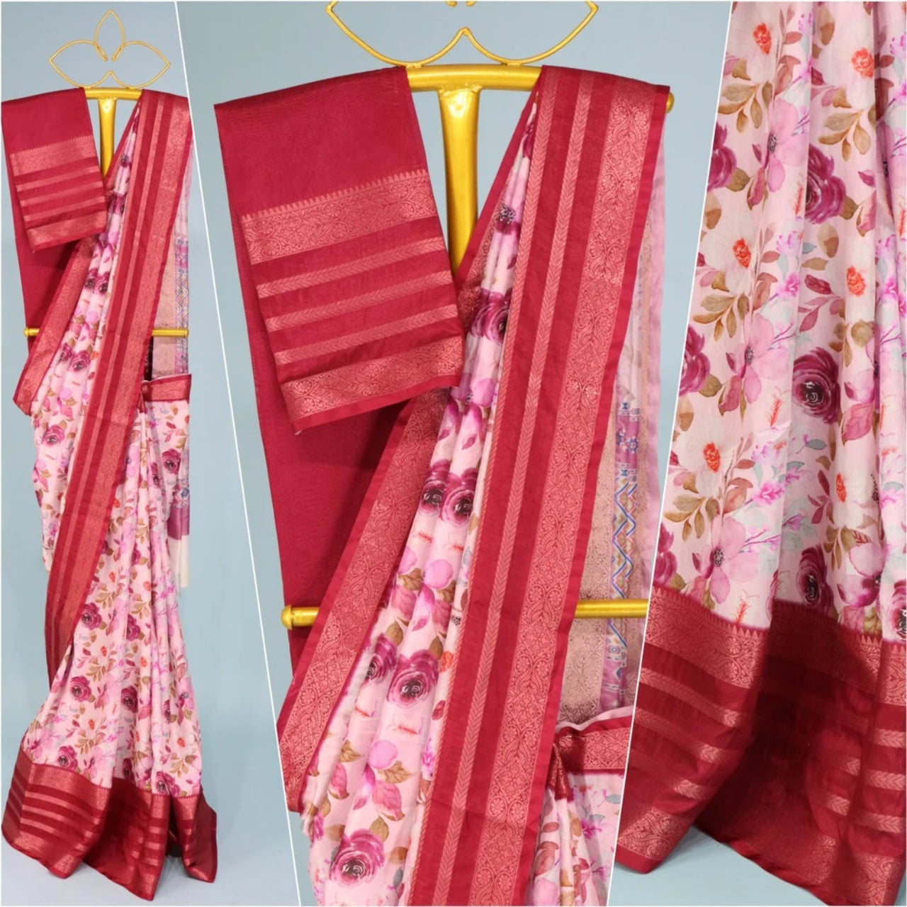 FlexFeb Rose Pink Floral Printed Silk Saree with Rich Maroon Border & Blouse – Elegant Festive Wear