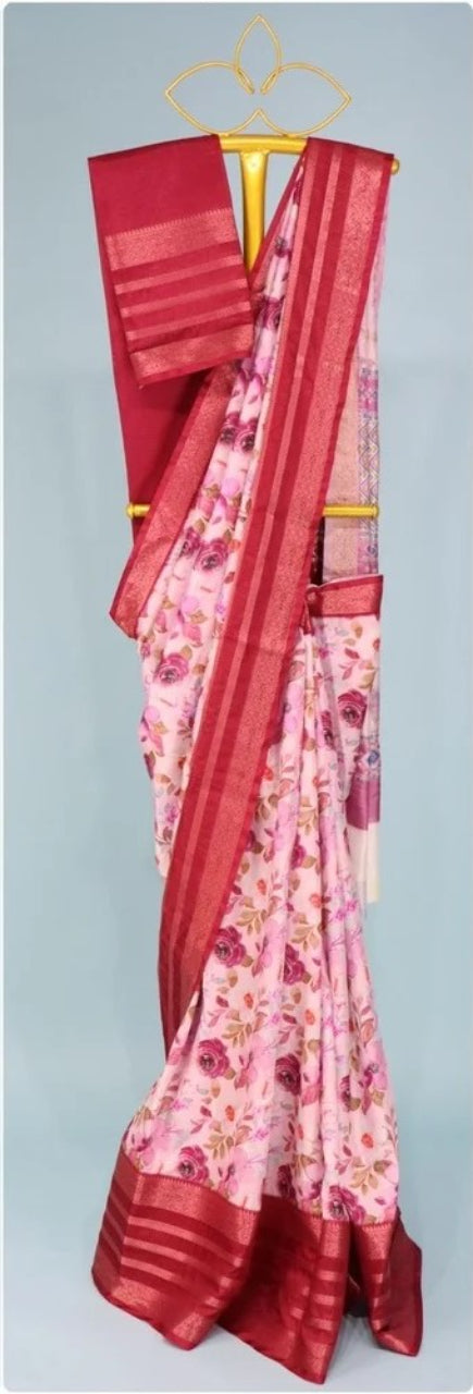 FlexFeb Rose Pink Floral Printed Silk Saree with Rich Maroon Border & Blouse – Elegant Festive Wear