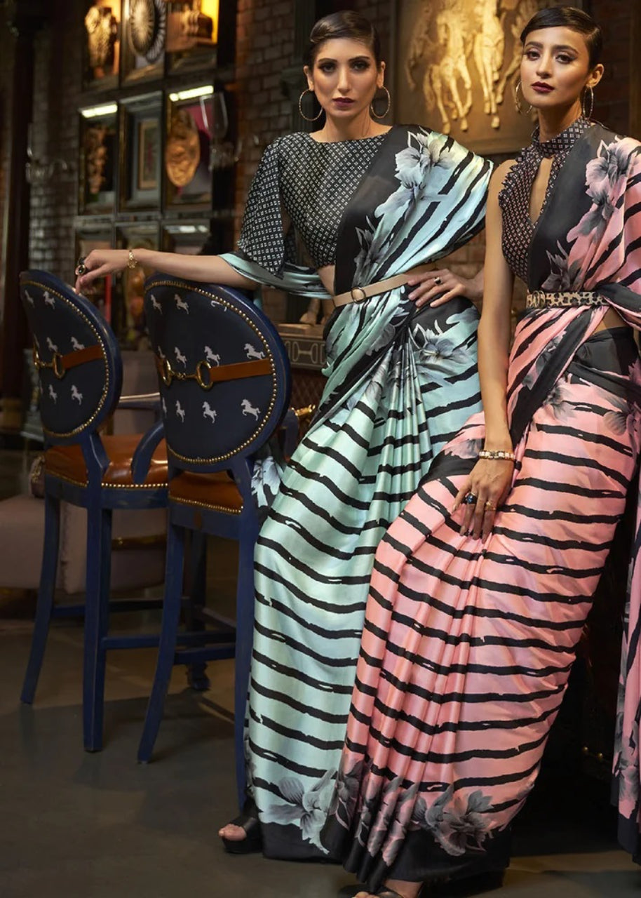 FlexFeb Designer Pure Satin Saree in Pink & Black with Floral Striped Print – Elegant Party Wear