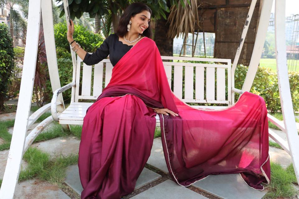 FlexFeb Ready-to-Wear Ombre Pink & Maroon Saree with Pearl Lace Border
