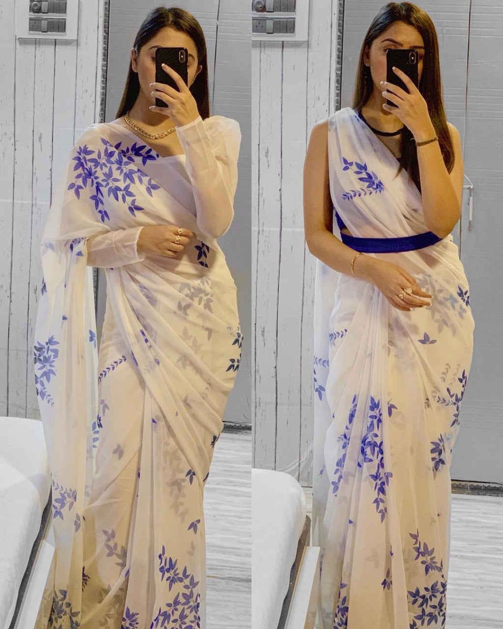 FlexFeb Elegant White Georgette Saree with Blue Floral Print & Velvet Belt – Lightweight Partywear Drape