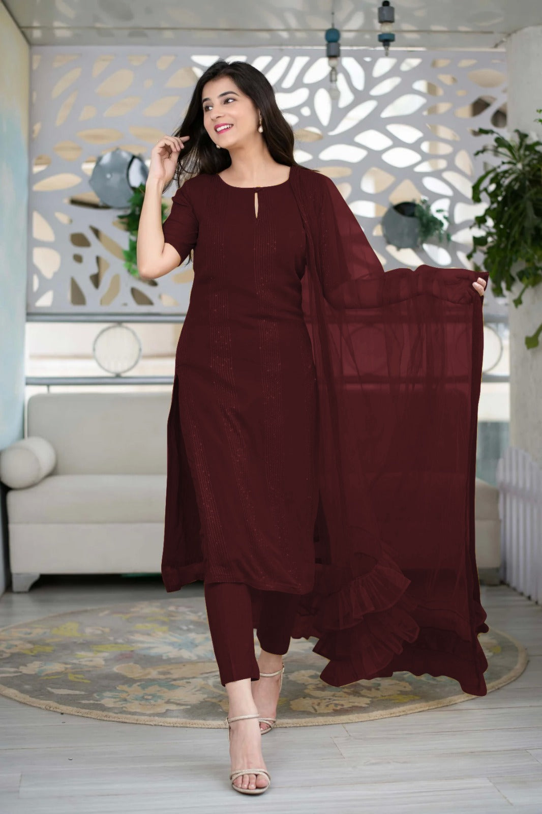 Rich Maroon Slub Cotton Stitched Suit Set - Kurta, Bottom, and Dupatta