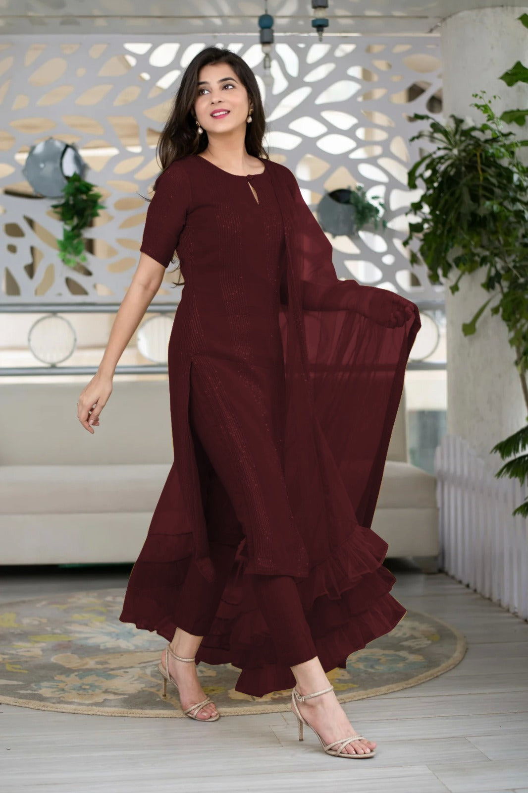 Rich Maroon Slub Cotton Stitched Suit Set - Kurta, Bottom, and Dupatta