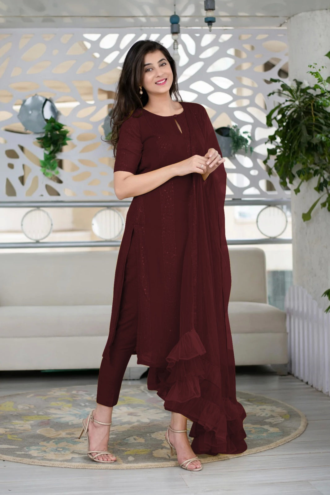 Rich Maroon Slub Cotton Stitched Suit Set - Kurta, Bottom, and Dupatta