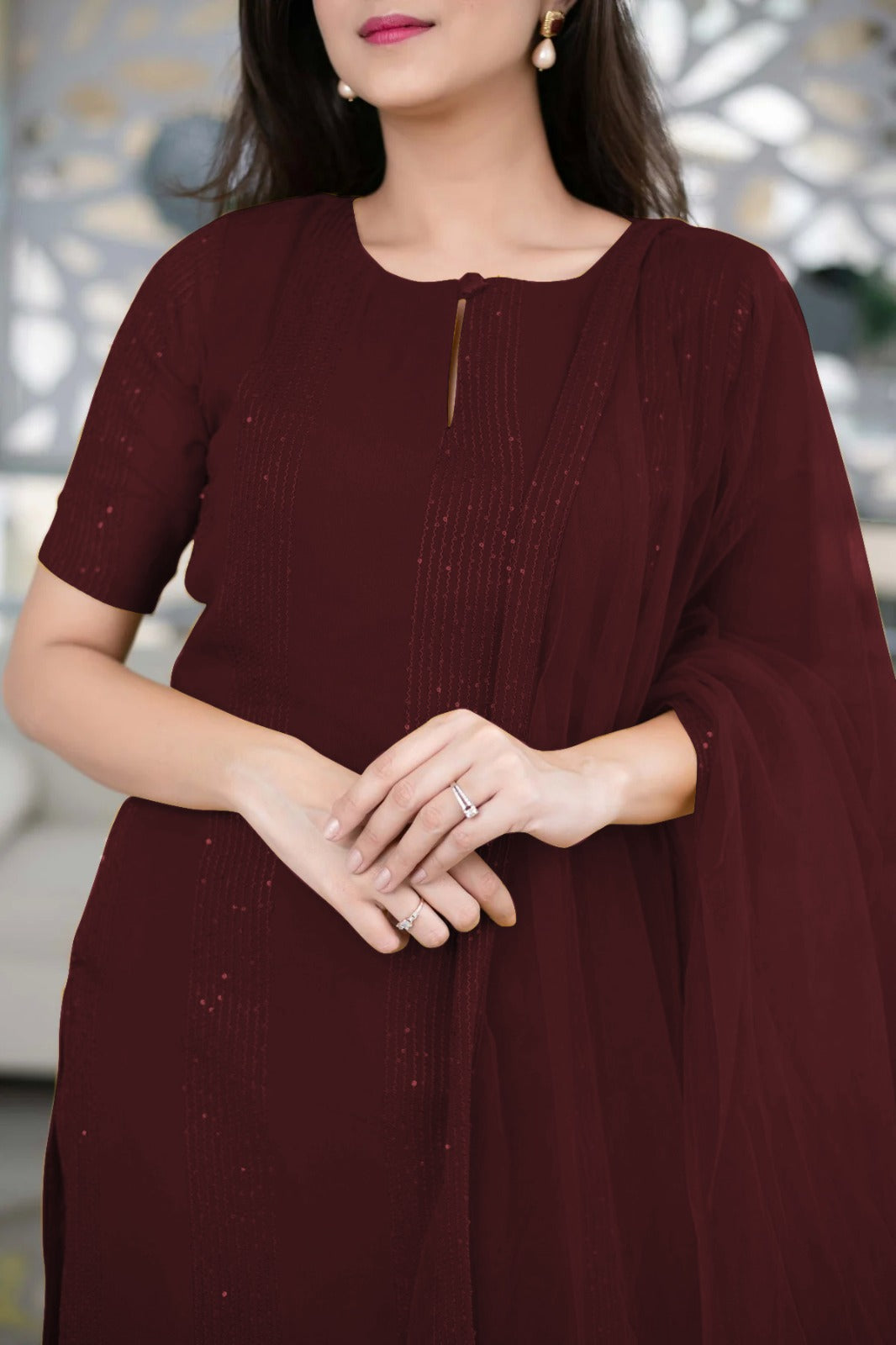 Rich Maroon Slub Cotton Stitched Suit Set - Kurta, Bottom, and Dupatta