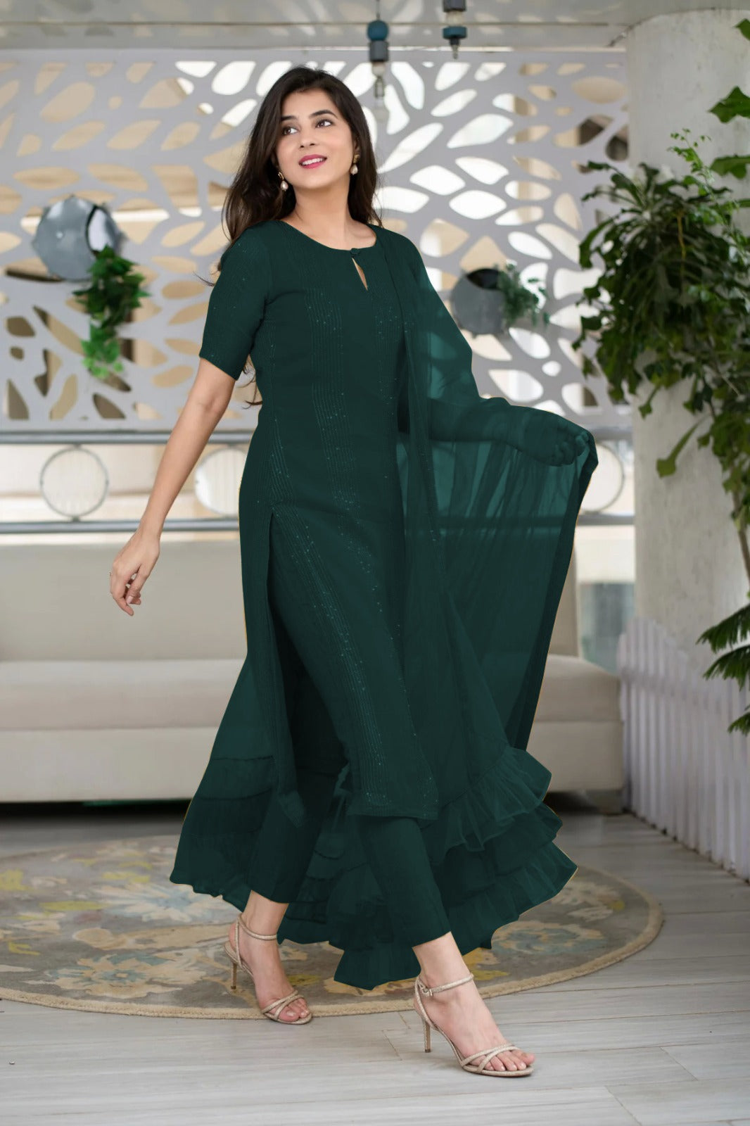 Deep Green Slub Cotton Stitched Suit Set - Kurta, Bottom, and Dupatta