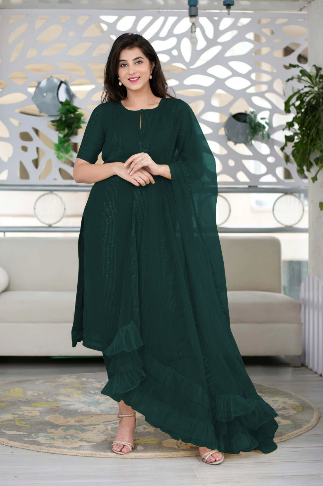 Deep Green Slub Cotton Stitched Suit Set - Kurta, Bottom, and Dupatta