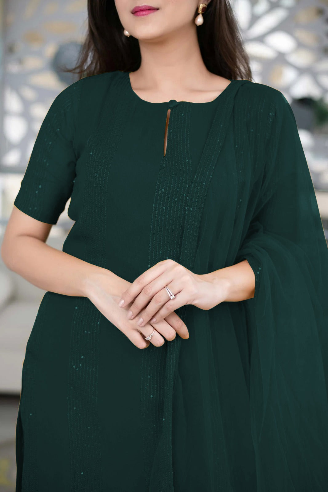 Deep Green Slub Cotton Stitched Suit Set - Kurta, Bottom, and Dupatta