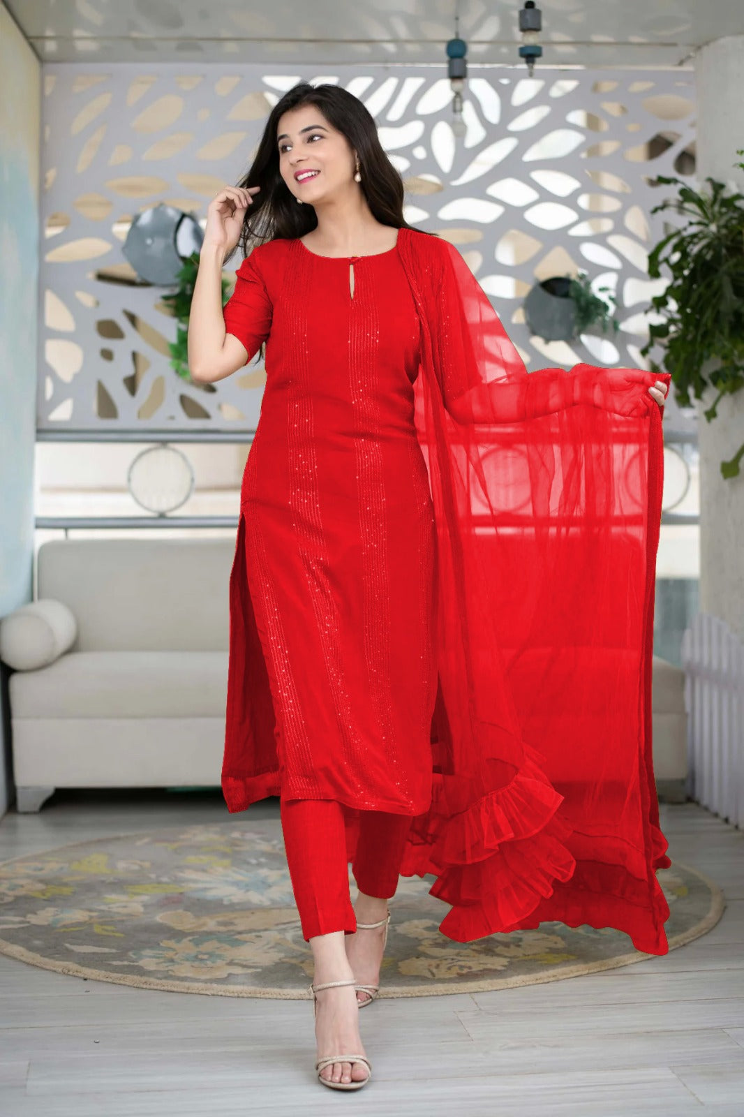 Radiant Red Slub Cotton Stitched Suit Set - Kurta, Bottom, and Dupatta