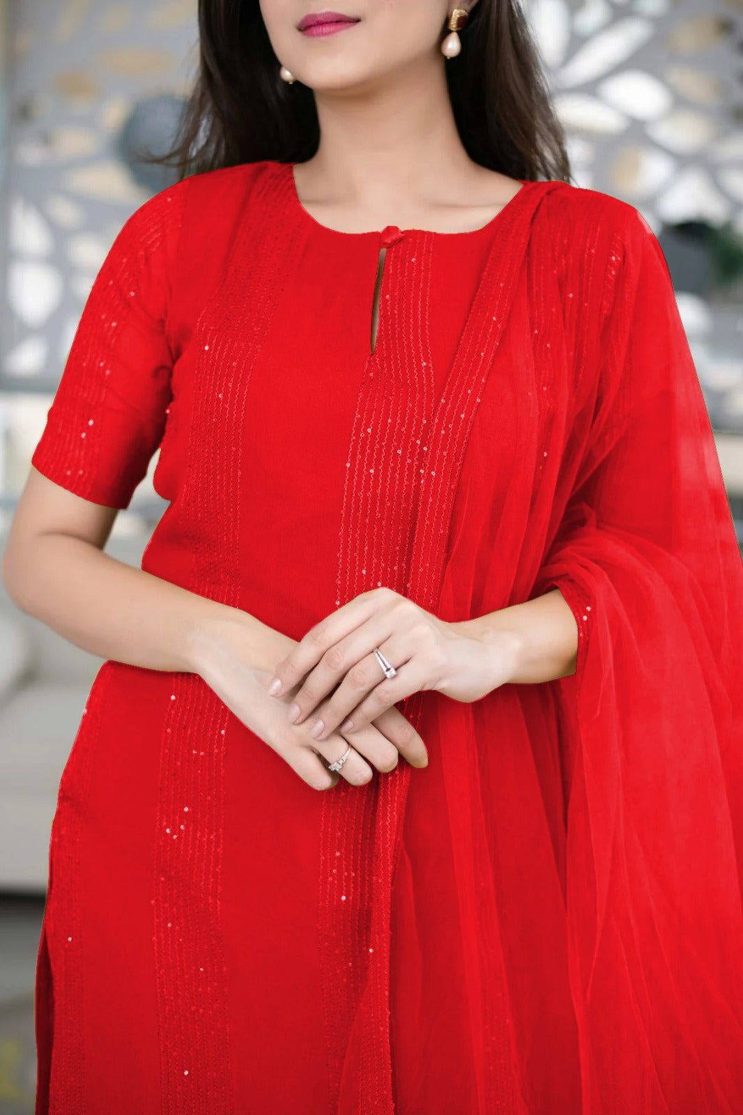 Radiant Red Slub Cotton Stitched Suit Set - Kurta, Bottom, and Dupatta