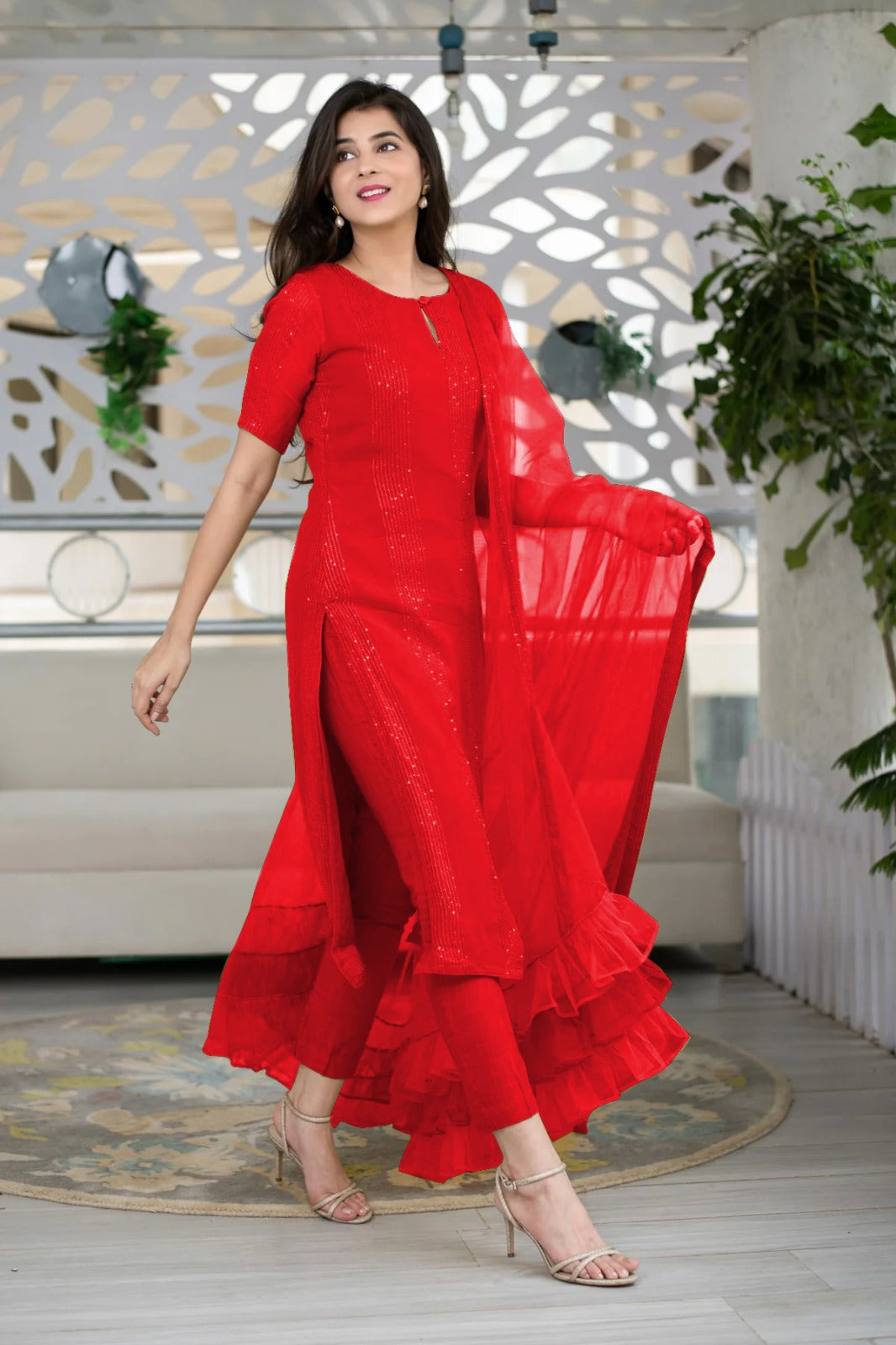 Radiant Red Slub Cotton Stitched Suit Set - Kurta, Bottom, and Dupatta