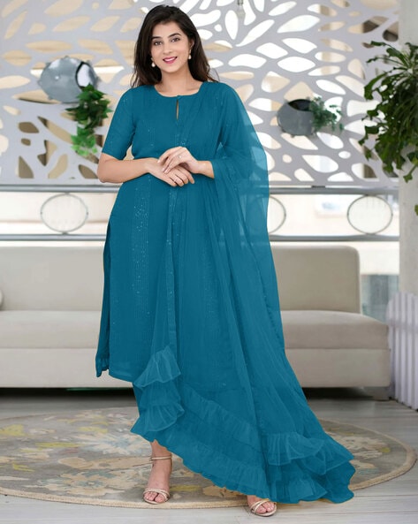 Elegant Teal Blue Slub Cotton Embroidered Stitched Suit Set - Kurta, Bottom, and Dupatta