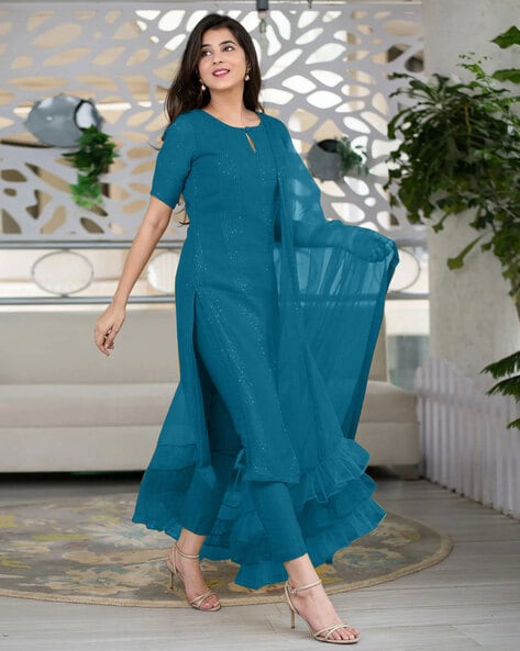 Elegant Teal Blue Slub Cotton Embroidered Stitched Suit Set - Kurta, Bottom, and Dupatta