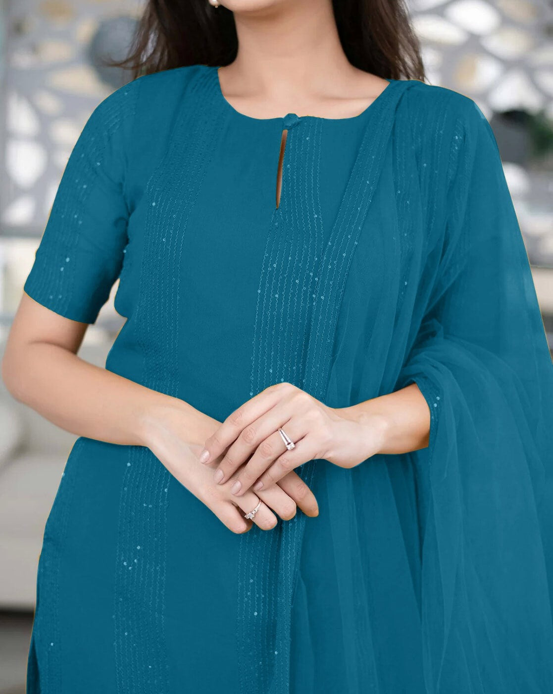 Elegant Teal Blue Slub Cotton Embroidered Stitched Suit Set - Kurta, Bottom, and Dupatta