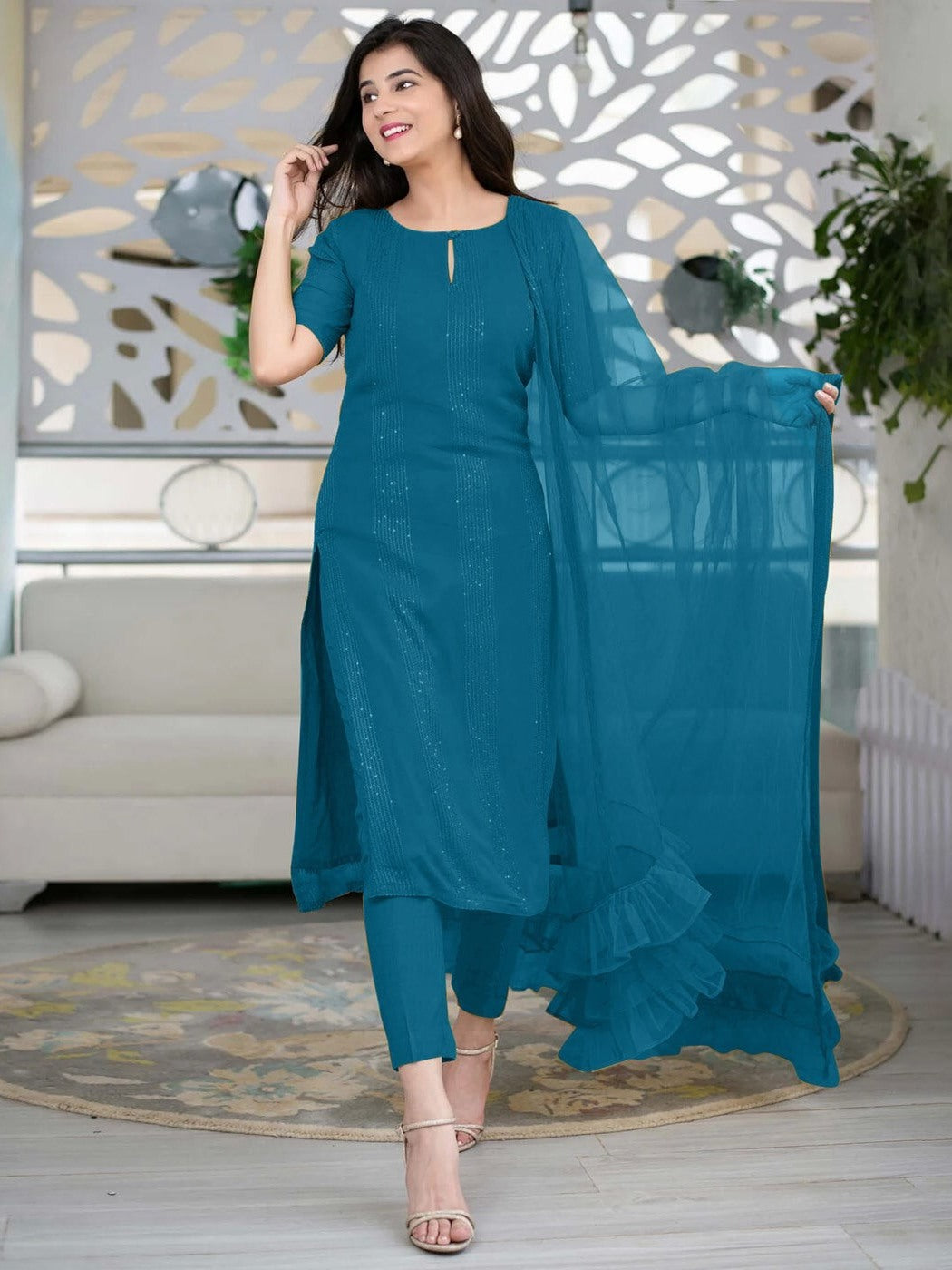 Elegant Teal Blue Slub Cotton Embroidered Stitched Suit Set - Kurta, Bottom, and Dupatta