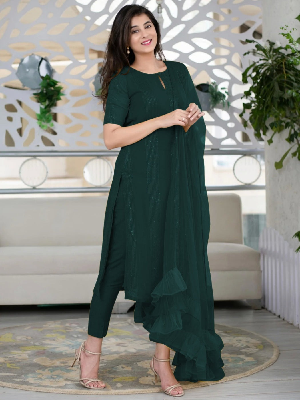 Deep Green Slub Cotton Stitched Suit Set - Kurta, Bottom, and Dupatta