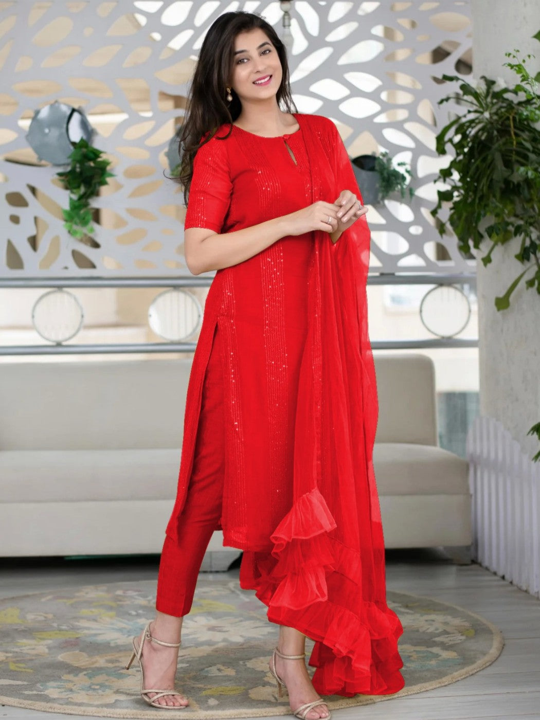 Radiant Red Slub Cotton Stitched Suit Set - Kurta, Bottom, and Dupatta