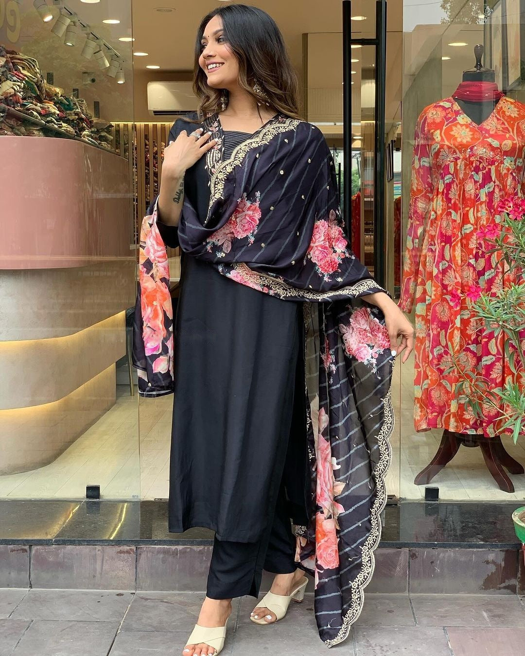 FlexFeb Elegant Black Embroidered Muslin Stitched Suit Set (Top, Bottom & Dupatta)