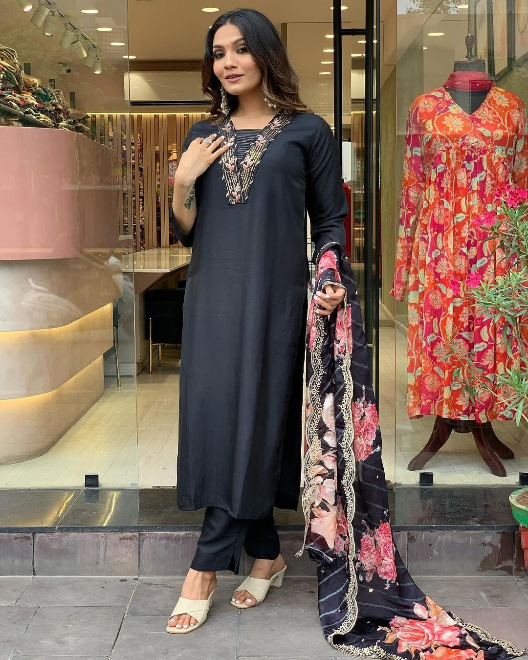 FlexFeb Elegant Black Embroidered Muslin Stitched Suit Set (Top, Bottom & Dupatta)