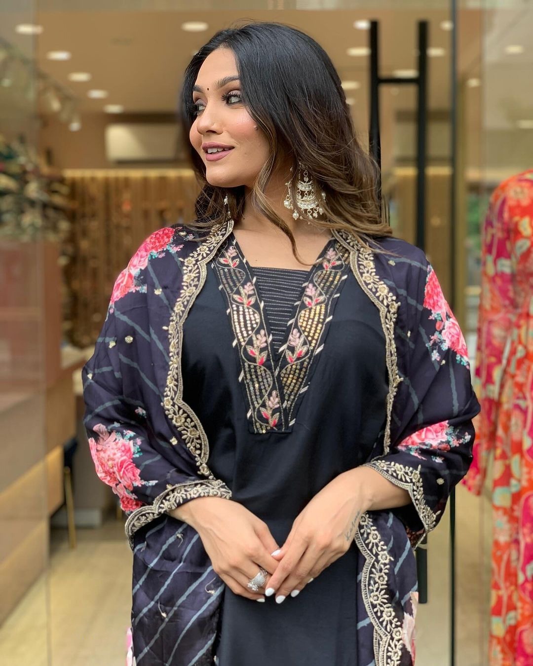 FlexFeb Elegant Black Embroidered Muslin Stitched Suit Set (Top, Bottom & Dupatta)