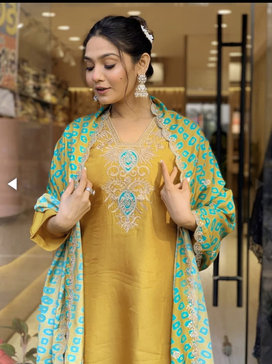 Mustard Slub Cotton Stitched Suit Set – Kurta, Bottom & Printed Dupatta