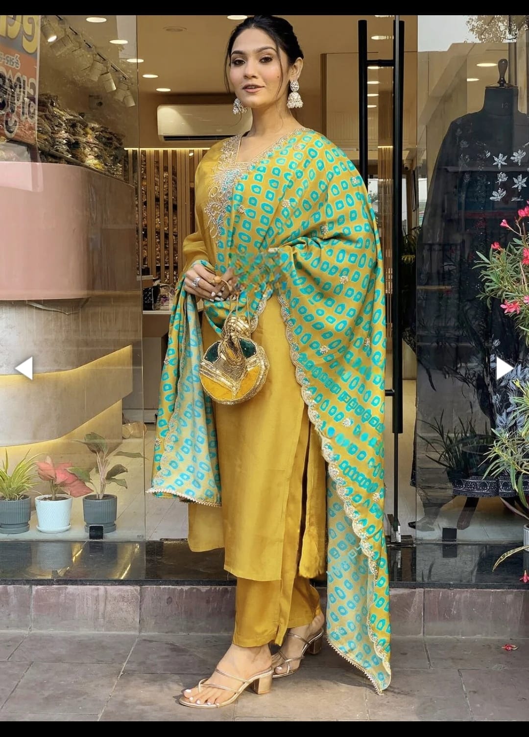 Mustard Slub Cotton Stitched Suit Set – Kurta, Bottom & Printed Dupatta