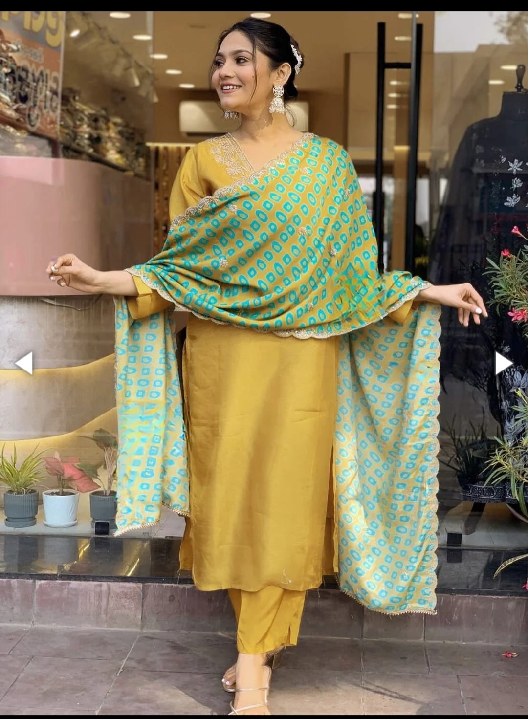 Mustard Slub Cotton Stitched Suit Set – Kurta, Bottom & Printed Dupatta