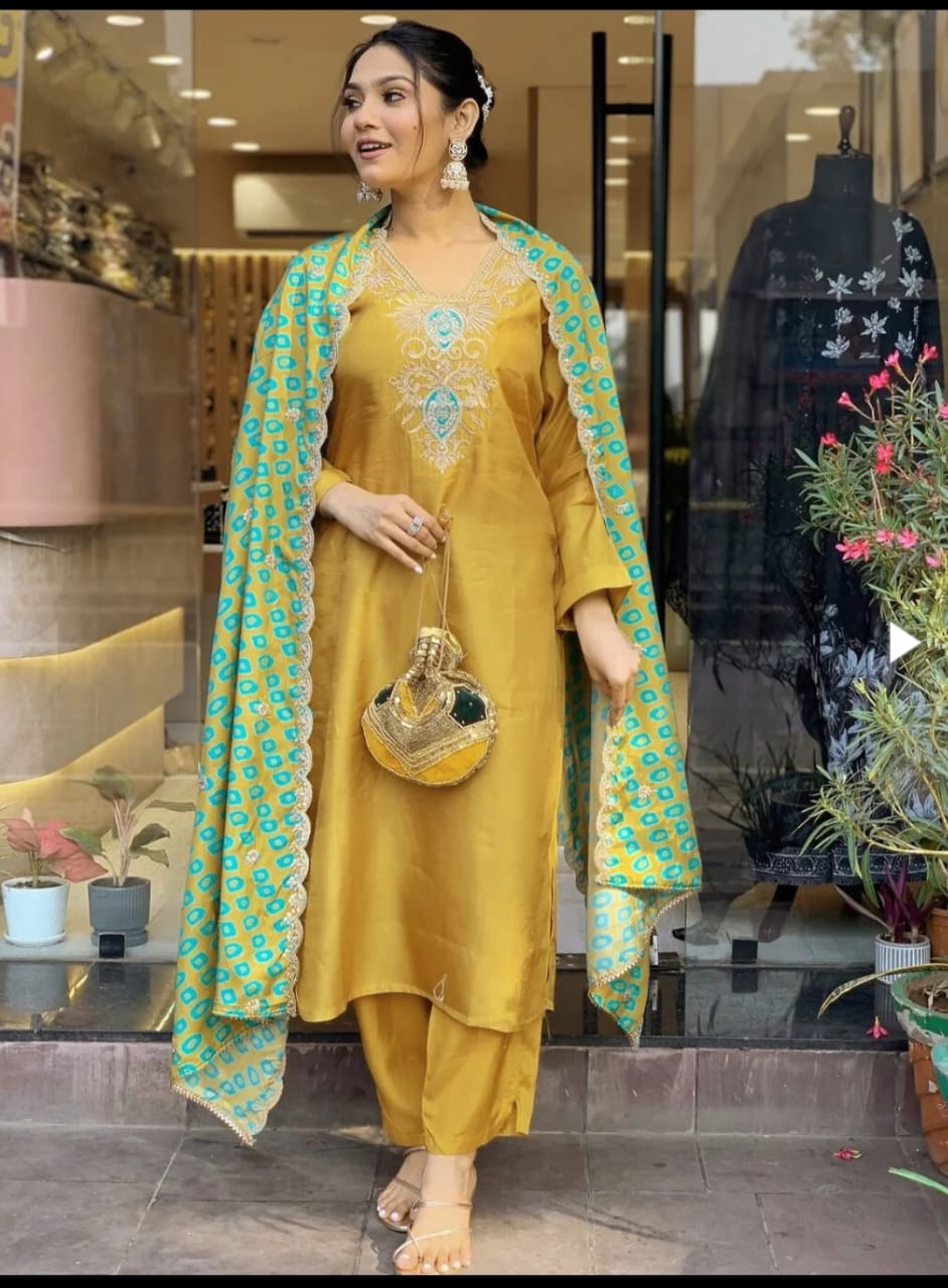 Mustard Slub Cotton Stitched Suit Set – Kurta, Bottom & Printed Dupatta