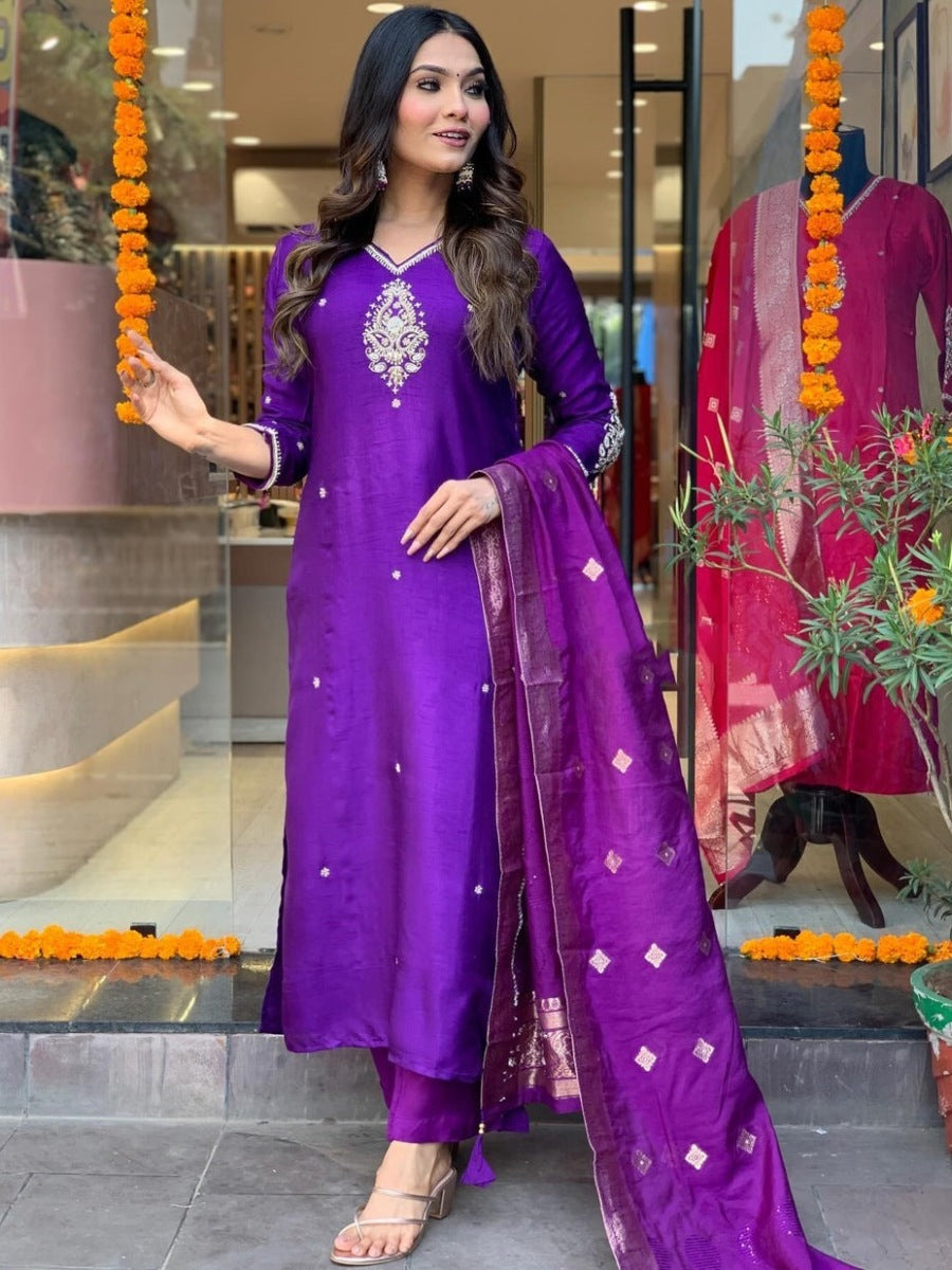 Elegant Purple Viscose Rayon Stitched Suit Set – Kurta, Bottom & Banarasi Dupatta