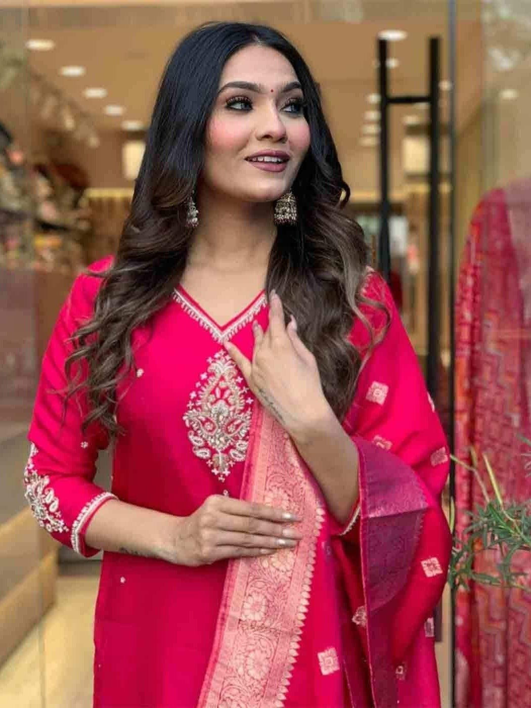 Elegant Chanchal Red Viscose Rayon Suit Set with Banarasi Dupatta – Festive & Party Wear