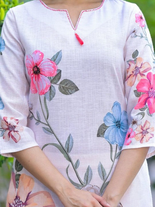 Elegant White Cotton Floral Suit Set with Pink & Blue Flowers – 3-Piece Ethnic Wear for Women