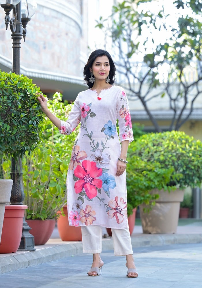 Elegant White Cotton Floral Suit Set with Pink & Blue Flowers – 3-Piece Ethnic Wear for Women